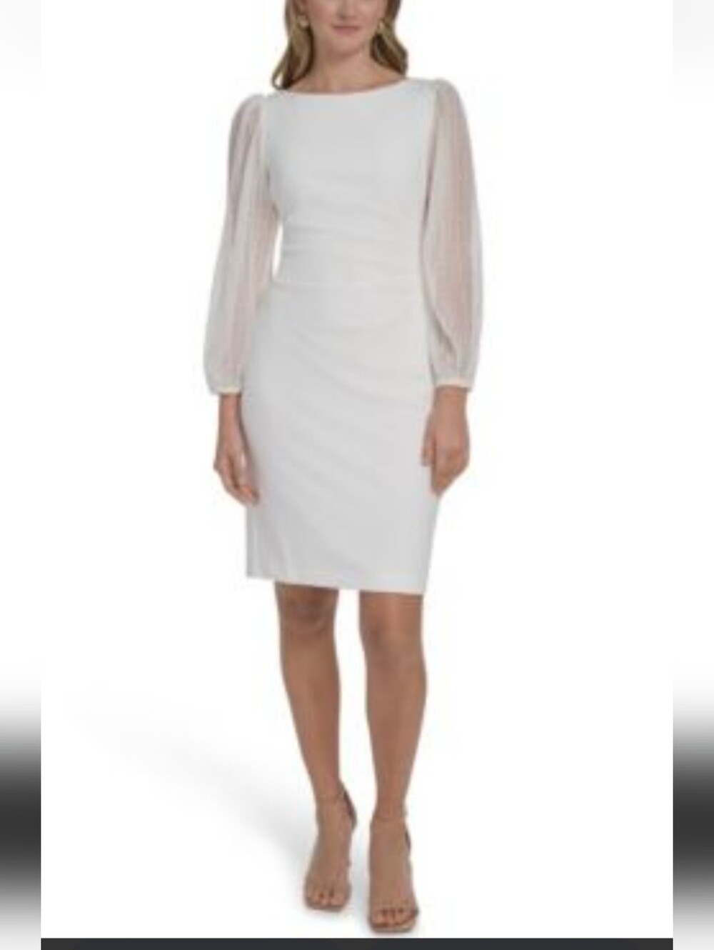 Jessica Howard White Sheer Sleeve side ruching dress size 10P new with tags